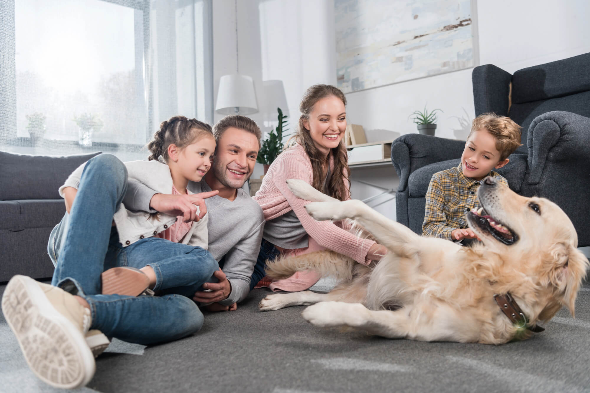 Happy family enjoying time together indoors with natural light streaming through energy-efficient windows, showcasing high-performance windows that contribute to energy savings and improved comfort in Australian homes.